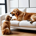 **A heartwarming scene of a person snuggling with their golden retriever on a couch, both looking content. Soft, natural lighting with a cozy home environment. Juxtapose this with a sleek, modern robotic dog sitting perfectly still on a charging dock in a sterile, minimalist room. The contrast should highlight the warmth and emotion of the real pet versus the programmed stillness of the robot pet.**