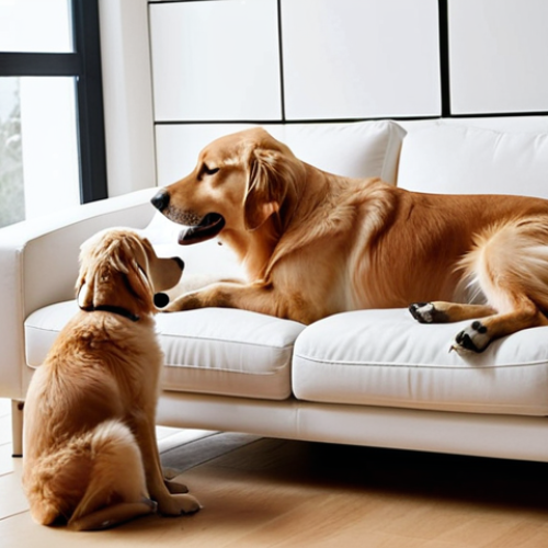 Home 11 **A heartwarming scene of a person snuggling with their golden retriever on a couch, both looking content. Soft, natural lighting with a cozy home environment. Juxtapose this with a sleek, modern robotic dog sitting perfectly still on a charging dock in a sterile, minimalist room. The contrast should highlight the warmth and emotion of the real pet versus the programmed stillness of the robot pet.**