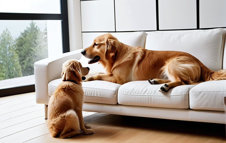 **A heartwarming scene of a person snuggling with their golden retriever on a couch, both looking content. Soft, natural lighting with a cozy home environment. Juxtapose this with a sleek, modern robotic dog sitting perfectly still on a charging dock in a sterile, minimalist room. The contrast should highlight the warmth and emotion of the real pet versus the programmed stillness of the robot pet.**