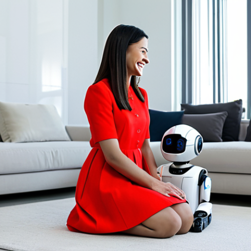 Home 6 A professional woman in modest business casual attire, seated comfortably in a bright, modern living room. She is gently smiling and observing her sleek, futuristic robotic pet, which is sitting attentively beside her. The scene highlights warm interaction and companionship. Fully clothed, modest clothing, appropriate attire, professional dress, safe for work, appropriate content, family-friendly. Perfect anatomy, correct proportions, natural pose, well-formed hands, proper finger count, natural body proportions, high-resolution, professional studio photography.