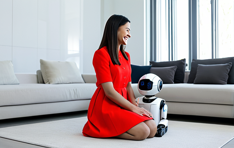 A professional woman in modest business casual attire, seated comfortably in a bright, modern living room. She is gently smiling and observing her sleek, futuristic robotic pet, which is sitting attentively beside her. The scene highlights warm interaction and companionship. Fully clothed, modest clothing, appropriate attire, professional dress, safe for work, appropriate content, family-friendly. Perfect anatomy, correct proportions, natural pose, well-formed hands, proper finger count, natural body proportions, high-resolution, professional studio photography.