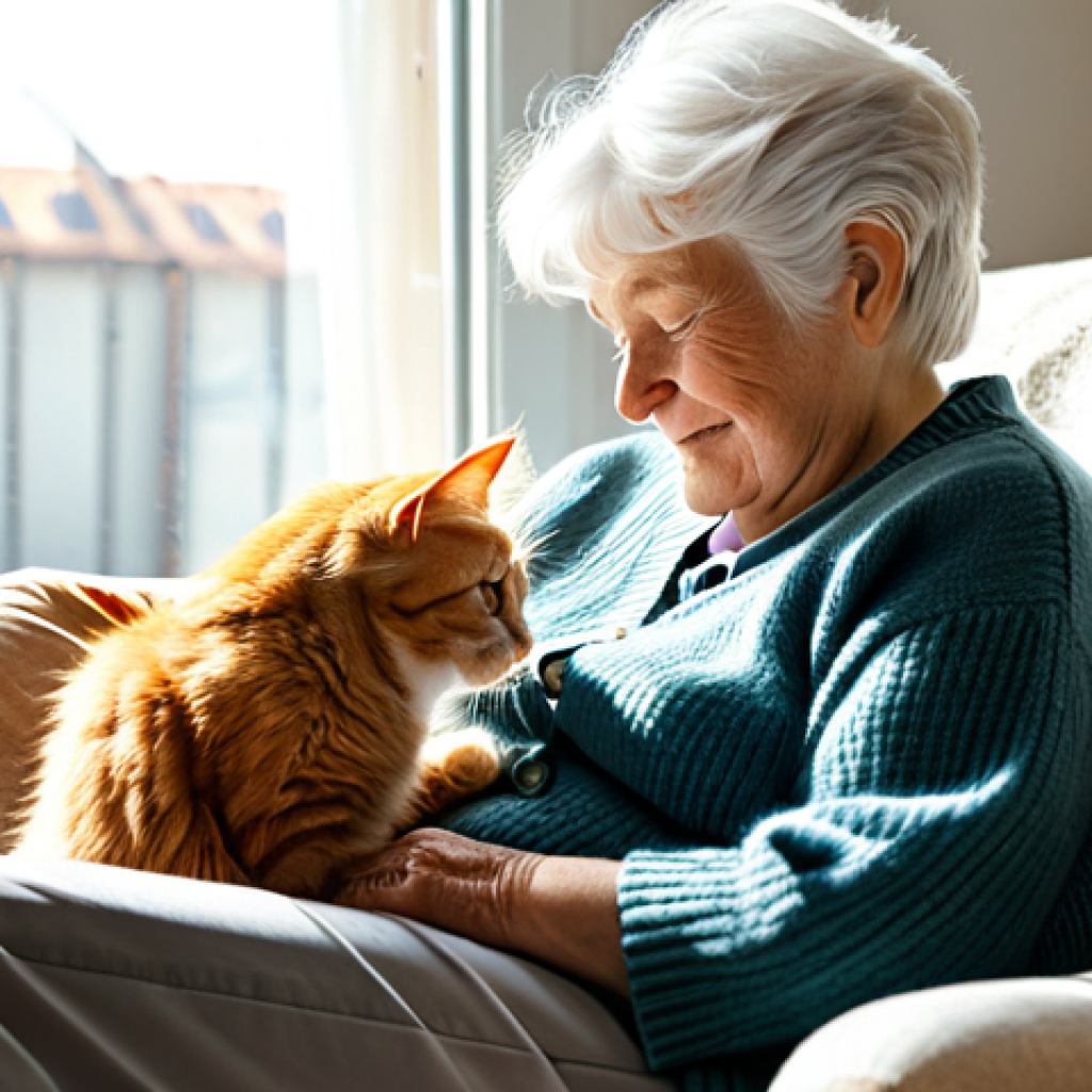 The Comfort of a Real Companion**

"A kind elderly woman with silver hair, sitting in a sunlit living room in a comfortable armchair, petting a fluffy ginger cat, fully clothed in a cardigan and slacks, the cat is purring contentedly, soft natural light, safe for work, appropriate content, perfect anatomy, natural proportions, family-friendly, modest clothing, professional photography, high quality"

**