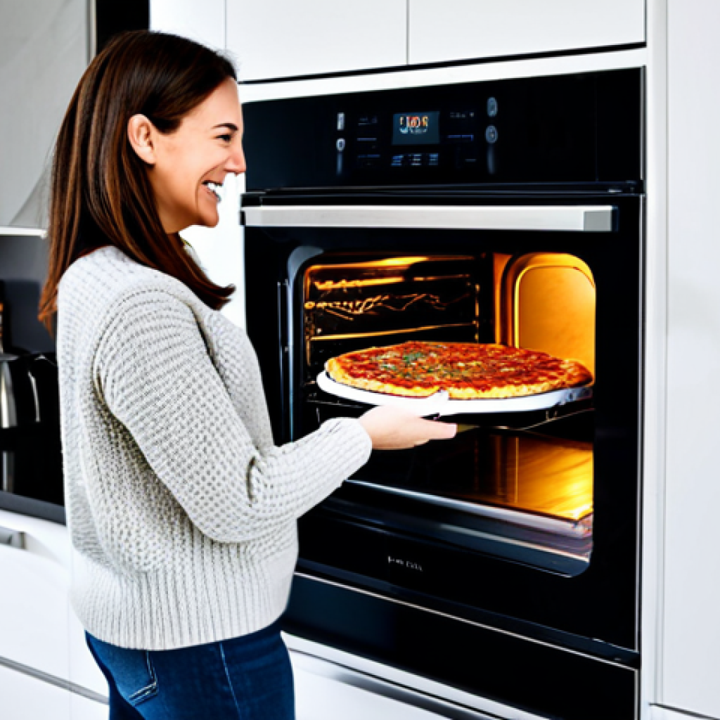 Modern Smart Oven**

"A sleek, modern smart oven integrated into a contemporary kitchen. The oven door is open, revealing a perfectly baked pizza inside. The kitchen features clean lines, stainless steel appliances, and warm lighting. A woman in her 30s, fully clothed in a modest sweater and jeans, smiles as she checks the pizza. Safe for work, appropriate content, fully clothed, professional kitchen design, perfect anatomy, natural proportions, high quality."

**