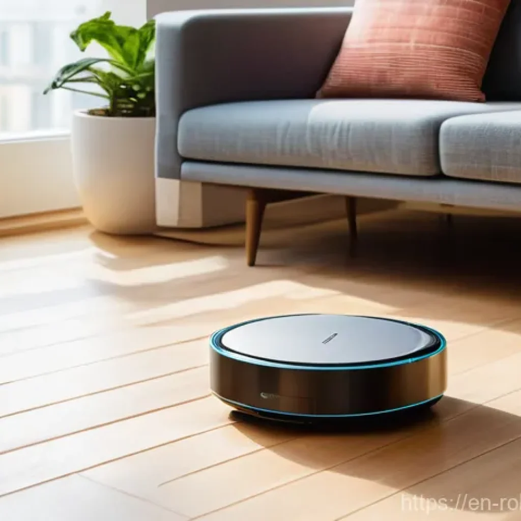 로봇 청소기를 활용한 스마트 라이프 스타일 - **Prompt:** A sleek, minimalist robot vacuum gracefully navigating a sunlit, modern living room. The...