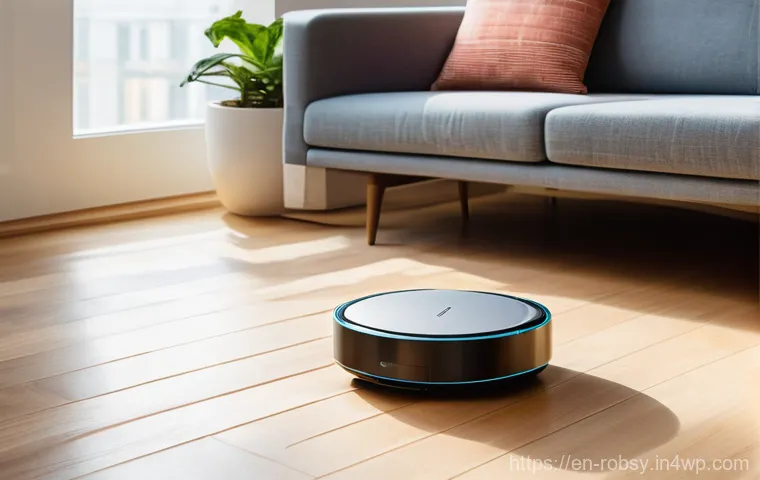 로봇 청소기를 활용한 스마트 라이프 스타일 - **Prompt:** A sleek, minimalist robot vacuum gracefully navigating a sunlit, modern living room. The...