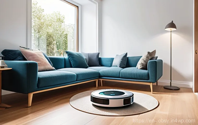 가정에서의 로봇 활용 성공 전략 - **Prompt:** A photorealistic image depicting a modern, high-tech living room bathed in natural light...