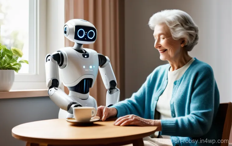 홈 로봇을 활용한 노인 돌봄 서비스 - **Prompt: Joyful Companionship with a Home Robot**
    "A heartwarming scene featuring a radiant eld...
