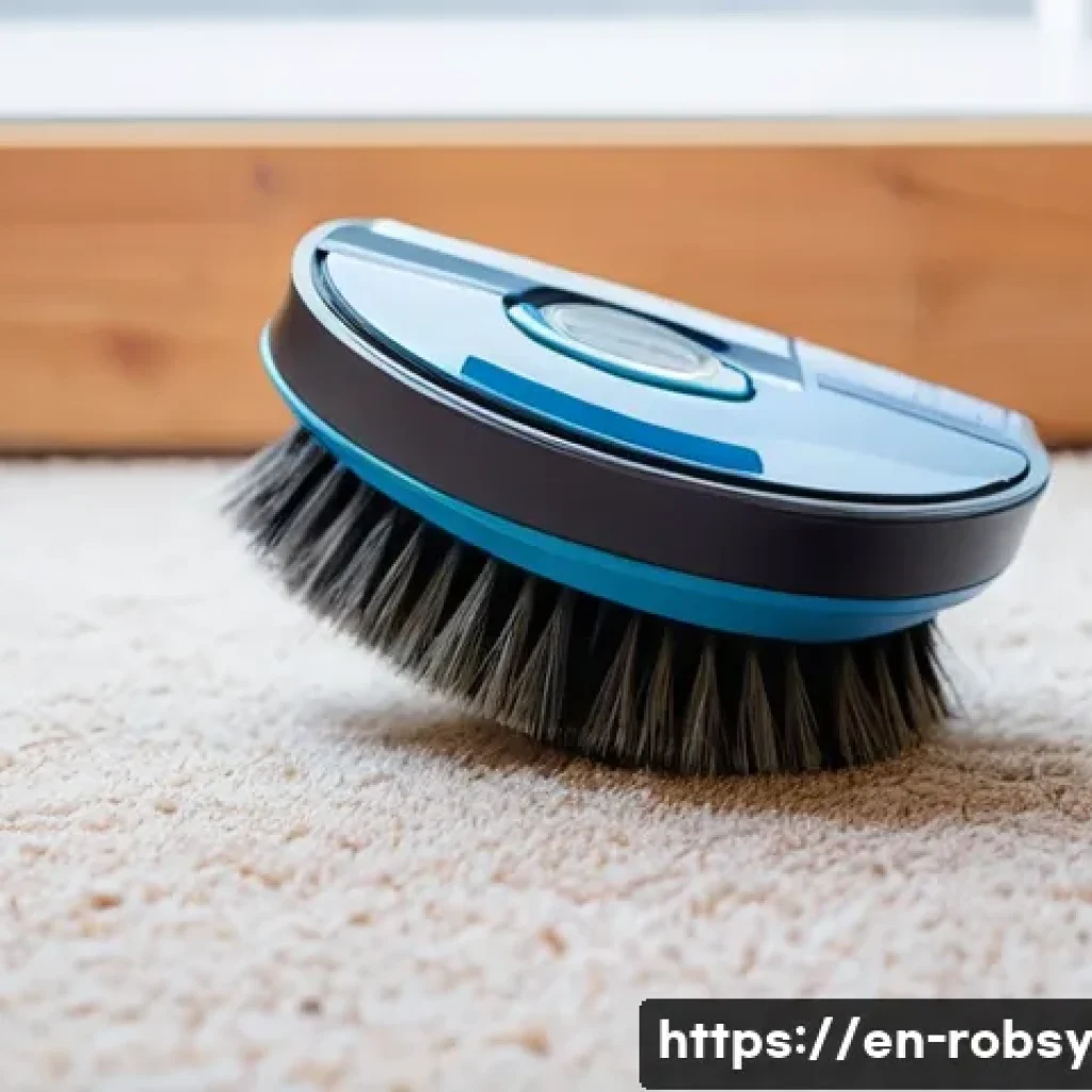 로봇 청소기 유지 관리 방법 - A close-up shot of a robot vacuum's main brush roll, densely tangled with strands of human and pet h...
