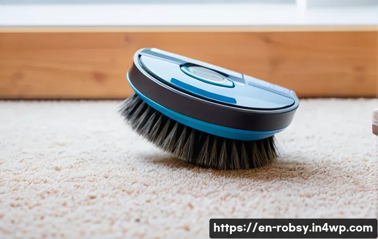 로봇 청소기 유지 관리 방법 - A close-up shot of a robot vacuum's main brush roll, densely tangled with strands of human and pet h...