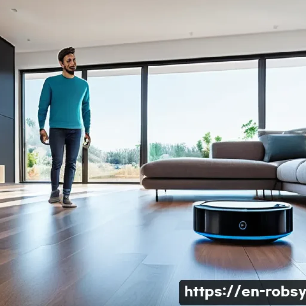 로봇 청소기로 실내 먼지 제거하는 팁 - **"Smart Home Symphony: AI Mapping and Voice Control"**
    A wide-angle shot of a meticulously clea...