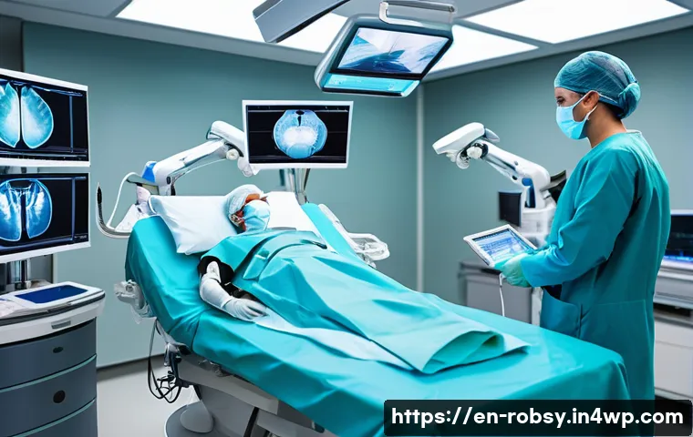 스마트 로봇의 다양한 활용 분야 - A futuristic hospital operating room featuring a surgeon using a state-of-the-art robotic surgical s...