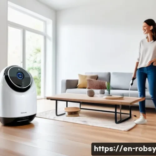 Home 17 가정용 로봇의 인터페이스와 기능 비교 - A modern, sleek smart home living room scene featuring a voice-controlled cleaning robot actively va...