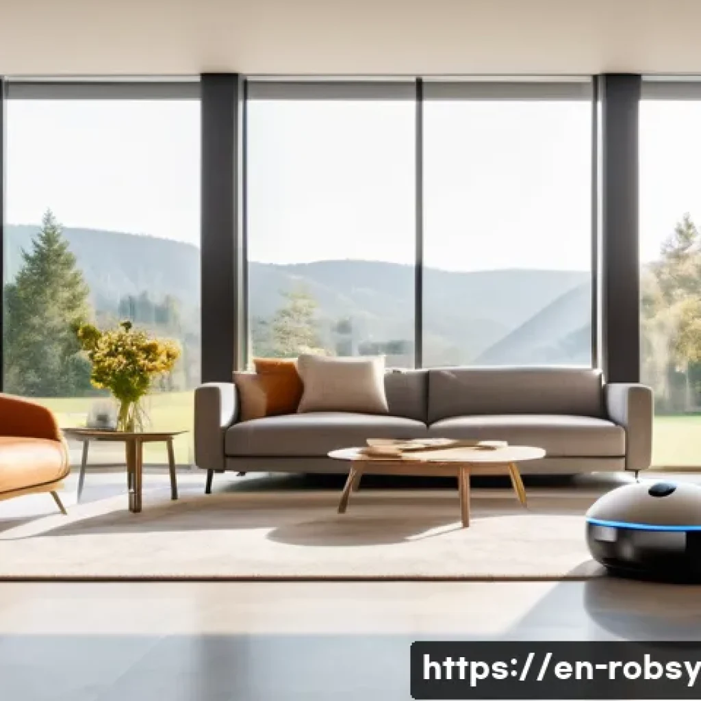 홈 로봇을 통한 시간 관리의 중요성 - A modern, stylish living room with a sleek home robot autonomously vacuuming the floor while sunligh...