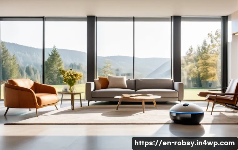 홈 로봇을 통한 시간 관리의 중요성 - A modern, stylish living room with a sleek home robot autonomously vacuuming the floor while sunligh...