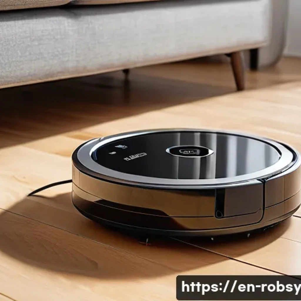 홈 로봇의 유지관리 팁 - A sleek modern robot vacuum cleaner charging on a minimalist wooden floor in a bright, airy room wit...