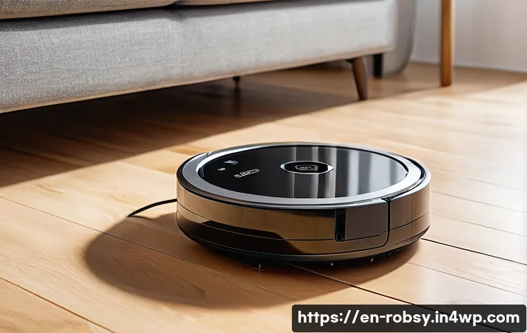 홈 로봇의 유지관리 팁 - A sleek modern robot vacuum cleaner charging on a minimalist wooden floor in a bright, airy room wit...