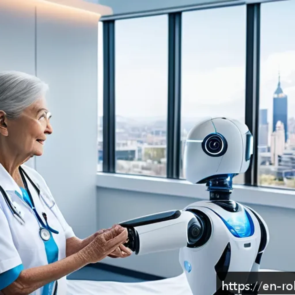 스마트 로봇의 최신 트렌드 - A futuristic hospital room scene featuring an AI-powered robotic assistant attending to an elderly p...