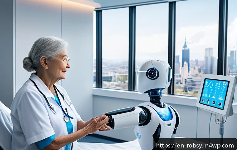 스마트 로봇의 최신 트렌드 - A futuristic hospital room scene featuring an AI-powered robotic assistant attending to an elderly p...