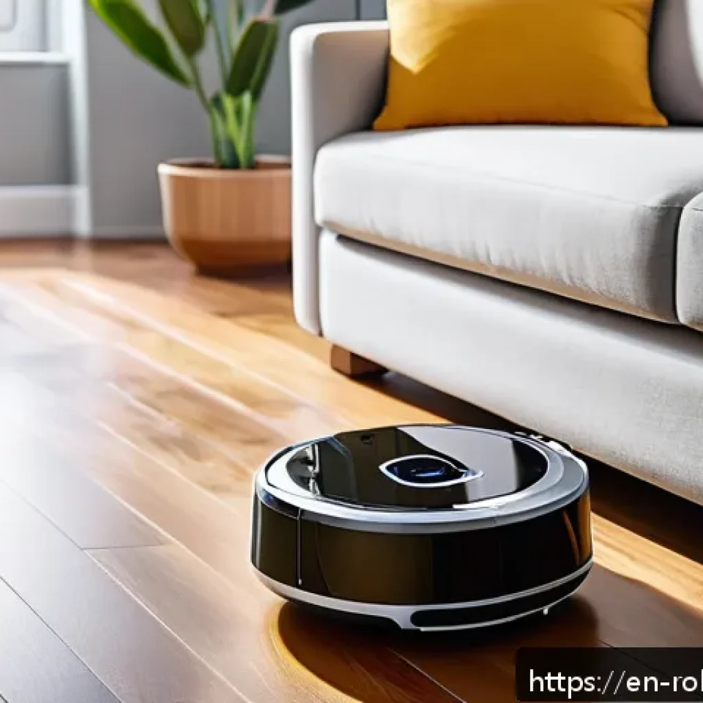 로봇 청소기와 전통 청소기 비교 - A modern, sunlit living room with a sleek robot vacuum navigating smoothly across a polished hardwoo...