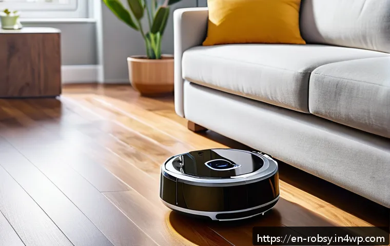 로봇 청소기와 전통 청소기 비교 - A modern, sunlit living room with a sleek robot vacuum navigating smoothly across a polished hardwoo...