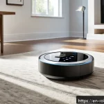 Home 22 홈 로봇과 기존 청소기 비교 분석 - A modern living room scene showcasing a sleek smart vacuum robot navigating effortlessly around furn...
