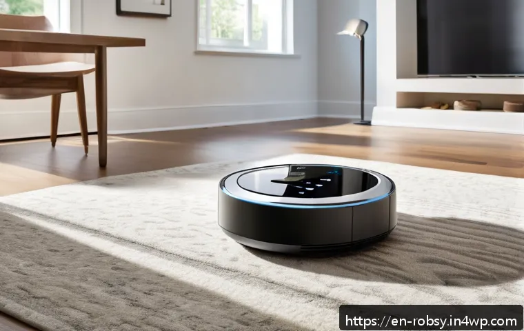 홈 로봇과 기존 청소기 비교 분석 - A modern living room scene showcasing a sleek smart vacuum robot navigating effortlessly around furn...
