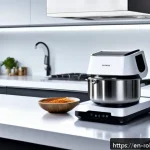 Home 21 로봇 주방 기기의 활용 사례 - A sleek, modern kitchen scene featuring a smart robotic sous-chef precisely dispensing spices into a...
