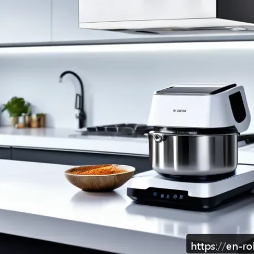 Home 33 로봇 주방 기기의 활용 사례 - A sleek, modern kitchen scene featuring a smart robotic sous-chef precisely dispensing spices into a...
