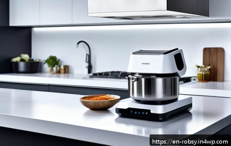 로봇 주방 기기의 활용 사례 - A sleek, modern kitchen scene featuring a smart robotic sous-chef precisely dispensing spices into a...