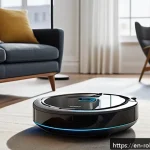 Home 20 가정용 로봇의 안전성 문제와 해결 방안 - A modern living room scene featuring a sleek robotic vacuum equipped with LIDAR and proximity sensor...