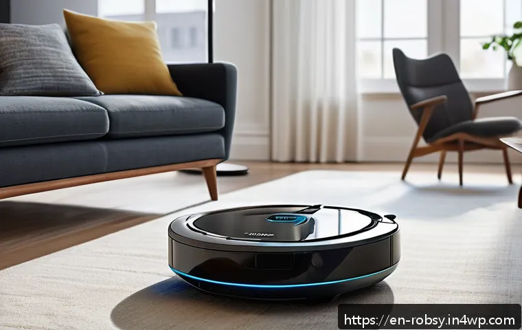 가정용 로봇의 안전성 문제와 해결 방안 - A modern living room scene featuring a sleek robotic vacuum equipped with LIDAR and proximity sensor...