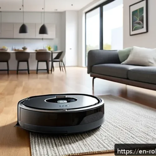 Home 31 가정에서 로봇 활용 시 필수 체크리스트 - A modern living room with a sleek Roomba i7+ robotic vacuum cleaner in action on a hardwood floor sc...