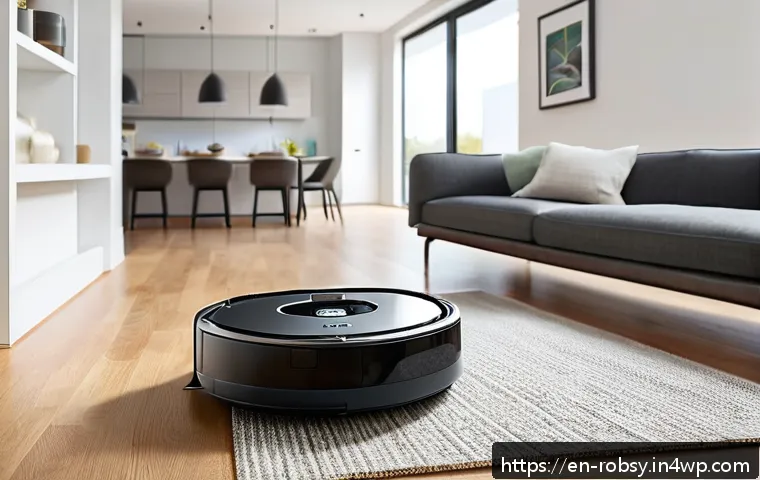 가정에서 로봇 활용 시 필수 체크리스트 - A modern living room with a sleek Roomba i7+ robotic vacuum cleaner in action on a hardwood floor sc...