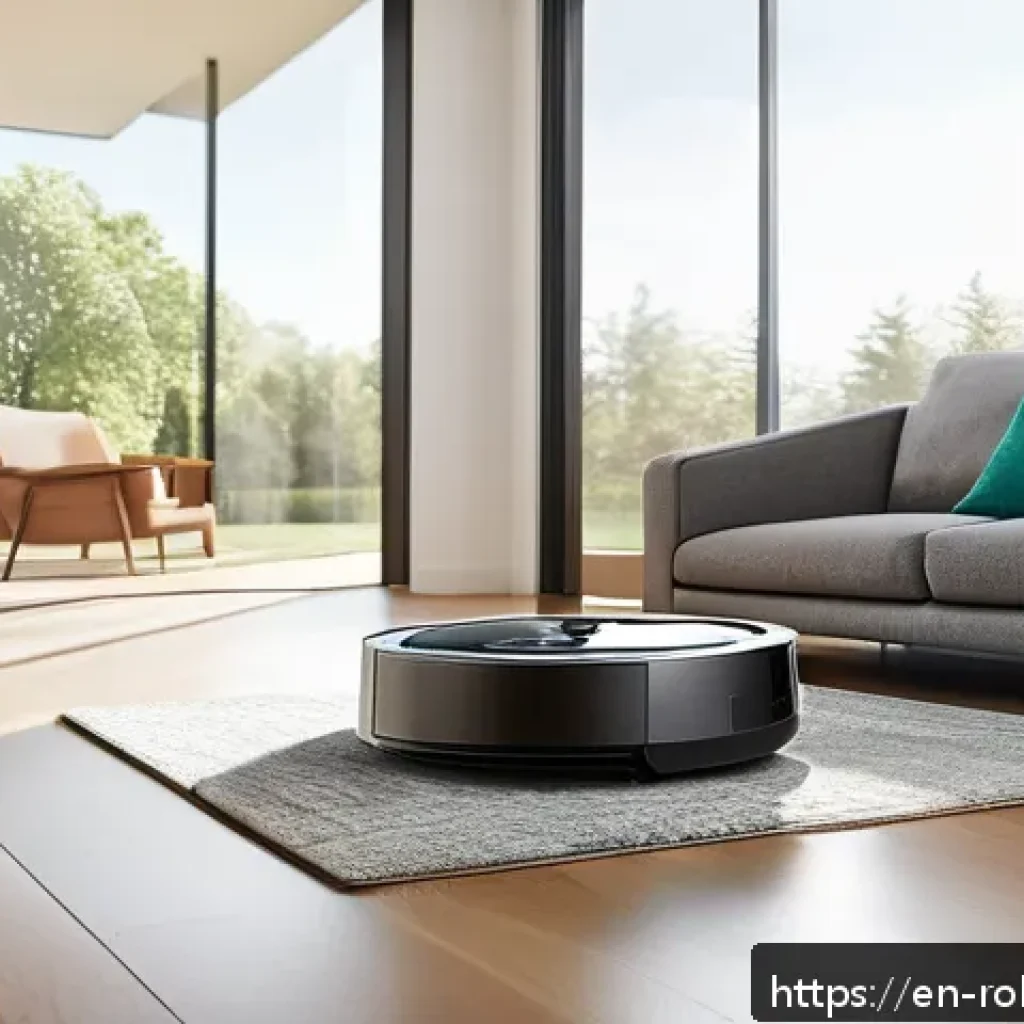 홈 로봇을 활용한 아이디어 정리법 - A modern, spacious living room with hardwood floors and large windows, featuring a sleek iRobot Room...