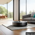 Home 18 홈 로봇을 활용한 아이디어 정리법 - A modern, spacious living room with hardwood floors and large windows, featuring a sleek iRobot Room...