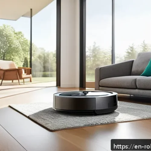 Home 30 홈 로봇을 활용한 아이디어 정리법 - A modern, spacious living room with hardwood floors and large windows, featuring a sleek iRobot Room...