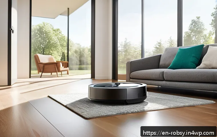 홈 로봇을 활용한 아이디어 정리법 - A modern, spacious living room with hardwood floors and large windows, featuring a sleek iRobot Room...
