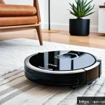 Home 23 로봇 청소기의 성능 평가 기준 - A sleek, modern robot vacuum equipped with advanced lidar sensors and multiple cameras, actively map...