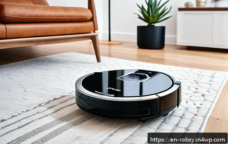 로봇 청소기의 성능 평가 기준 - A sleek, modern robot vacuum equipped with advanced lidar sensors and multiple cameras, actively map...
