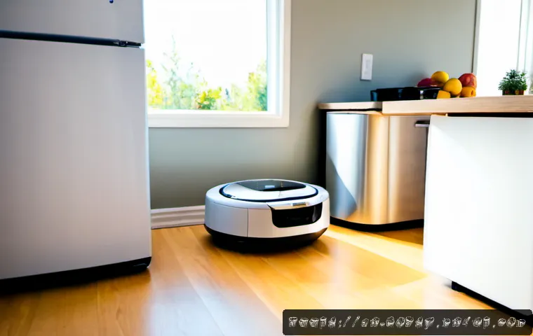 Home 17 로봇을 활용한 스마트 가전의 조화 - Photorealistic bright modern American kitchen, a compact household service robot calmly organizing f...