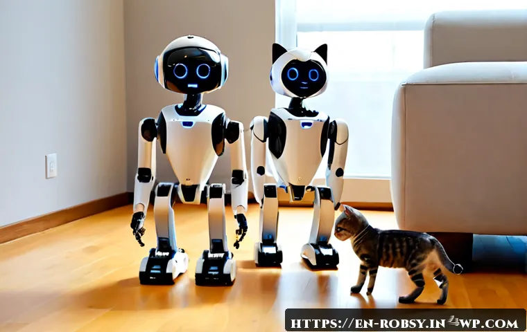 로봇 애완동물의 인기 브랜드 비교 - Photorealistic comparison scene of three distinct consumer robot pets arranged side by side on a cle...