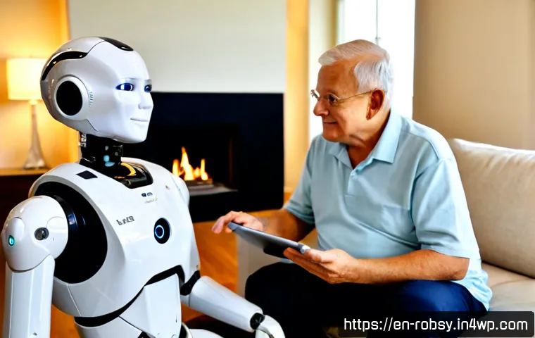 가정용 로봇의 사용자 인터페이스 분석 - Photorealistic modern American living room, a friendly home service robot beside a seated older adul...