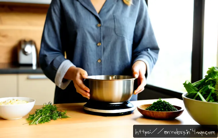 Home 15 로봇 주방 기기를 활용한 요리 레시피 - Photorealistic modern American home kitchen, a compact countertop cooking robot stirring creamy vege...