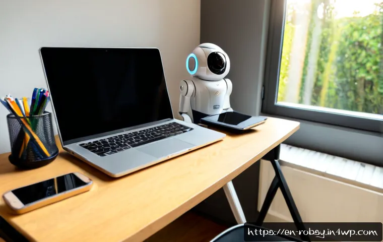 Home 15 홈 로봇을 활용한 효율적인 작업 공간 만들기 - Photorealistic bright home office designed for efficient remote work, a compact white home robot on ...