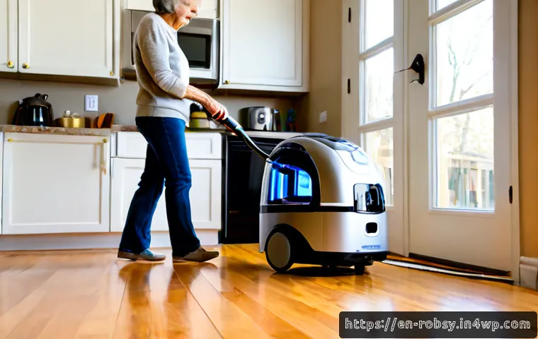Home 18 가정용 로봇의 사용 후기와 팁 - Photorealistic bright American suburban kitchen, a friendly older woman in casual sweater watching a...