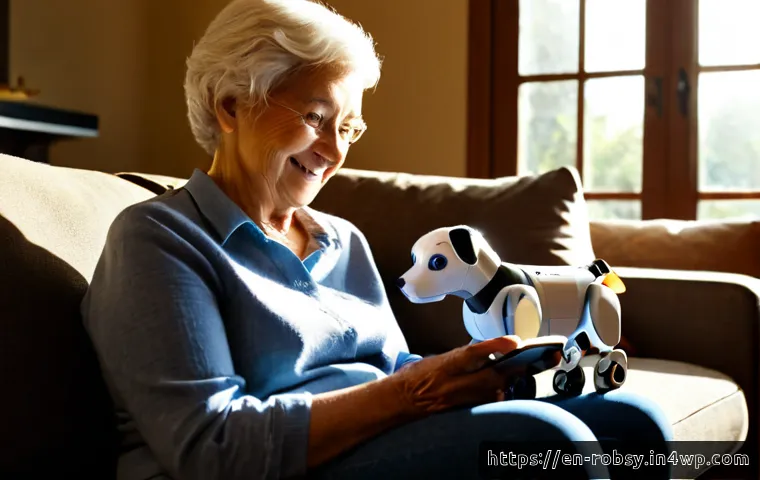 Home 17 로봇 애완동물의 장단점 분석 - Photorealistic living room scene showing the benefits of a robotic pet: a friendly senior woman comf...
